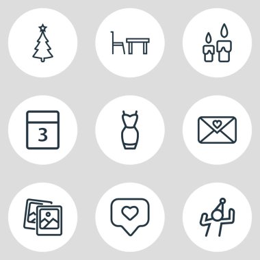 9 olay simgesi çizgisi biçiminin vektör illüstrasyonu. Düzenlenebilir Noel ağacı seti, dans eden adam, kalple etiketleme ve diğer simge unsurları.