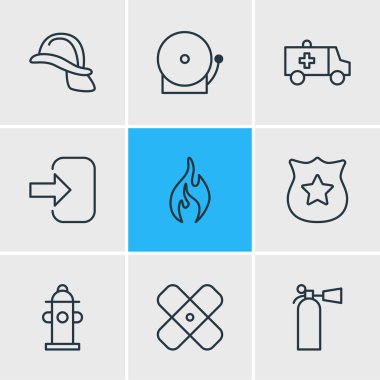 9 gereklilik simgesinin vektör çizimi. Düzenlenebilir kask, yangın söndürücü, polis ve diğer ikon elementler..