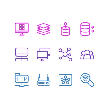 12 web simgesi çizim biçimi. Düzenlenebilir sistem, merkez, veri ve diğer simge ögeleri kümesi.