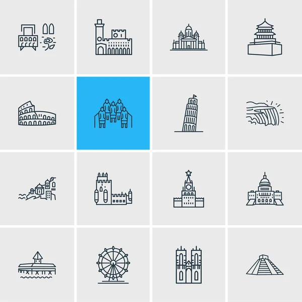 Illustration av 16 kultur ikoner linje stil. Redigerbar uppsättning av Mayan pyramider, Capitol hill, terrakota krigare och andra ikoner element. — Stockfoto
