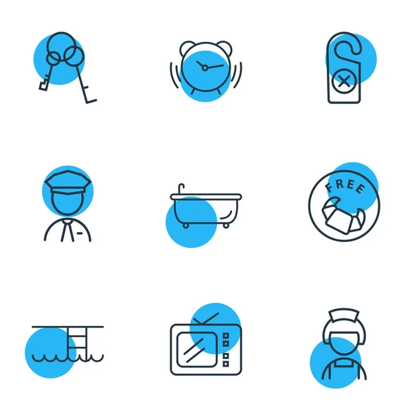 Illustration of 9 hotel icons line style. Editable set of hotel maid, tv, swimming pool and other icon elements. — Stock Photo, Image