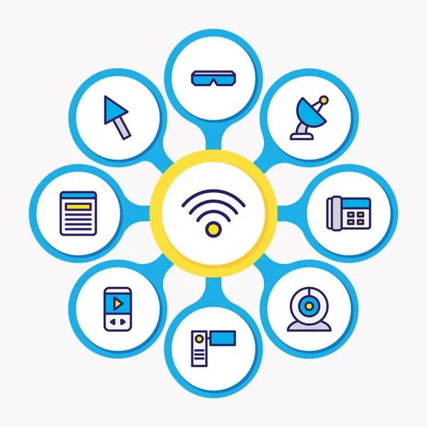 Abbildung von 9 Mediensymbolen farbige Linie. editierbares Set aus Telefon, Zeiger, Webkamera und anderen Symbolelementen. — Stockfoto