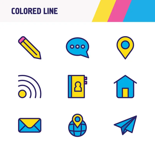 Illustration av 9 ansluta ikoner färgad linje. Redigerbar uppsättning av chattar, telefonbok, stift och andra ikonelement. — Stockfoto