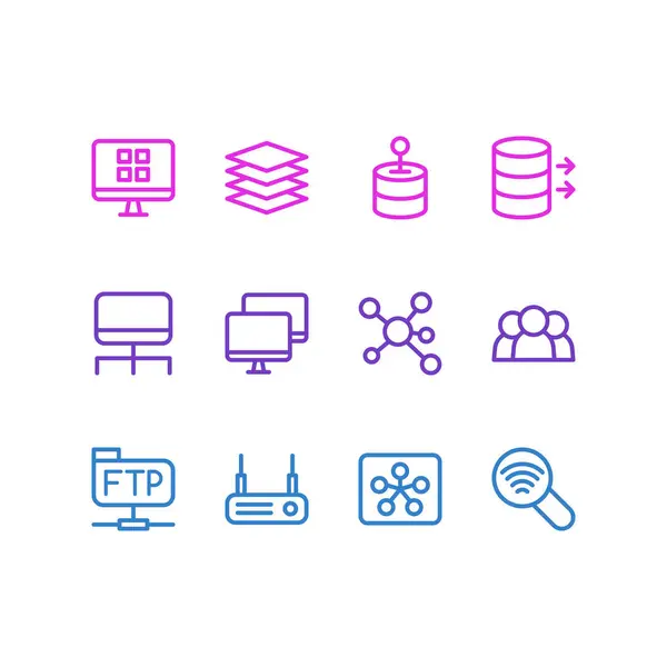 Illustration von 12 Web-Icons Zeilenstil. editierbares Set von System-, Hub-, Daten- und anderen Symbolelementen. — Stockfoto