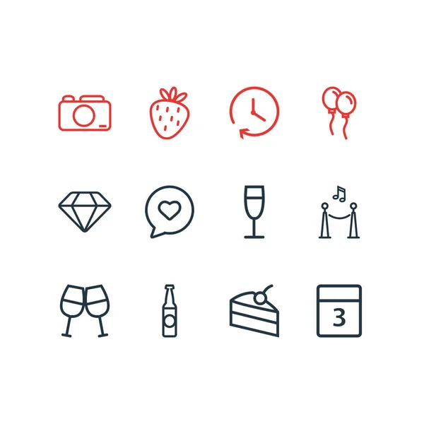 Illustration of 12 event icons line style. Editable set of strawberry, diamond, event day and other icon elements. — ストック写真