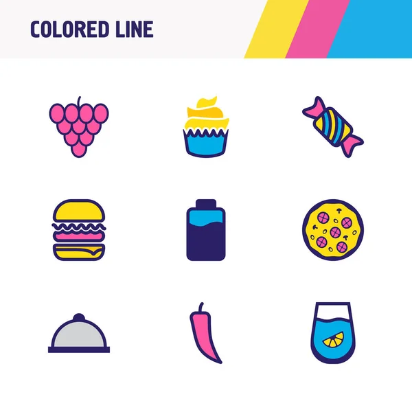 Ilustración de 9 comer iconos de línea de color. Conjunto editable de hamburguesa, pizza, chile y otros elementos del icono . —  Fotos de Stock