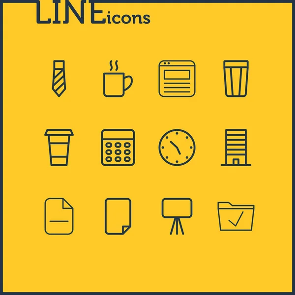 illustration of 12 office icons line style. Editable set of presentation, coffee mug, clock and other icon elements.
