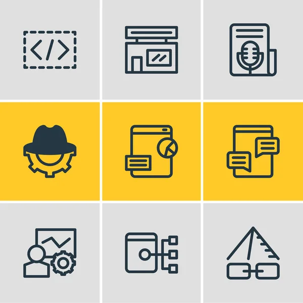 Illustration de 9 icônes marketing style ligne. Ensemble modifiable de contenu frais, sitemap, pyramide de lien et autres éléments d'icône . — Photo