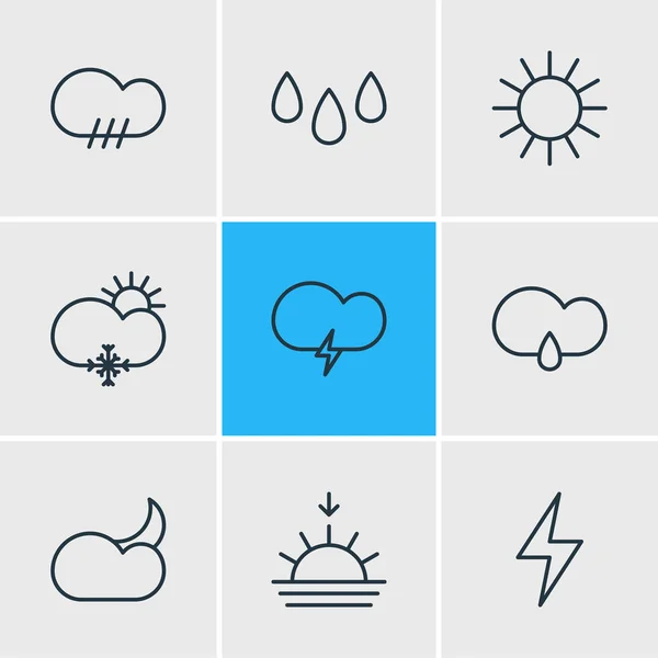 Illustrazione di 9 icone del cielo stile linea. Set modificabile di elementi di tramonto, tempestosi, notturni e altre icone . — Foto Stock