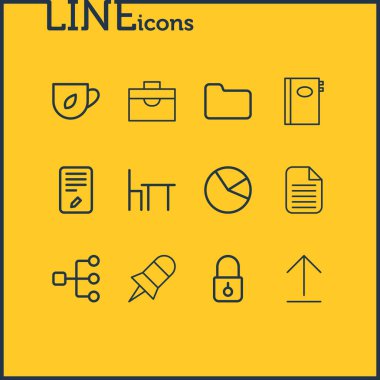 12 büro simge satırı biçiminin vektör illüstrasyonu. Düzenlenebilir evrak çantası, dizin, defter ve diğer simge ögeleri kümesi.