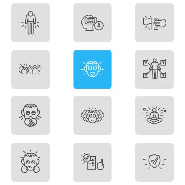 12 duygu simgesi çizgi tarzının vektör illüstrasyonu. Düzenlenebilir sorumluluk seti, başarısızlık, zihin haritası ve diğer simge ögeleri.