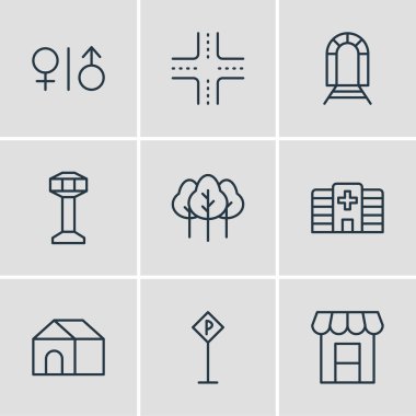 9 şehir simge çizgisi biçiminin vektör illüstrasyonu. wc, kesişen yol, ağaç ve diğer simge ögelerinin düzenlenebilir kümesi.