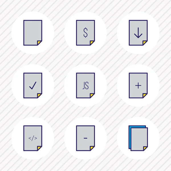 Illustration vectorielle de 9 icônes en papier ligne colorée. Ensemble modifiable de chèques, fichiers js, documents et autres éléments d'icône . — Image vectorielle