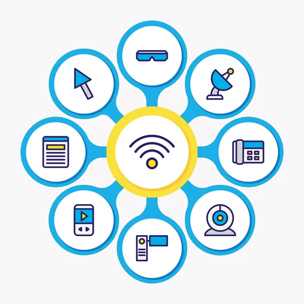 Vektor-Illustration von 9 Musiksymbolen farbige Linie. editierbares Set aus Telefon, Zeiger, Webkamera und anderen Symbolelementen. — Stockvektor