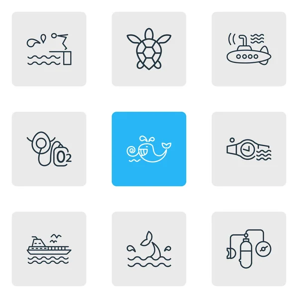 Illustration vectorielle de 9 icônes marines de style ligne. Ensemble modifiable de ballons à oxygène, cétacés, plongeoires et autres éléments emblématiques . — Image vectorielle