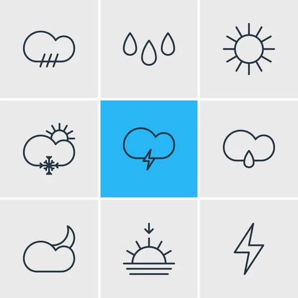 Vector illustratie van 9 klimaat pictogrammen lijn stijl. Bewerkbare set van zonsondergang, stormachtige, nacht en andere pictogram elementen. — Stockvector