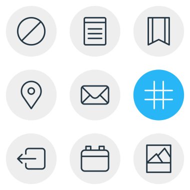 9 uygulama simge satırı biçiminin vektör illüstrasyonu. Yasak, takvim, konum ve diğer simge ögelerinin düzenlenebilir kümesi.