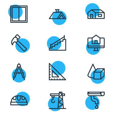 12 mimari simge çizgisi biçiminin vektör illüstrasyonu. Düzenlenebilir pusula seti, merdivenler, ev satın alma çevrimiçi ve diğer simge ögeleri.