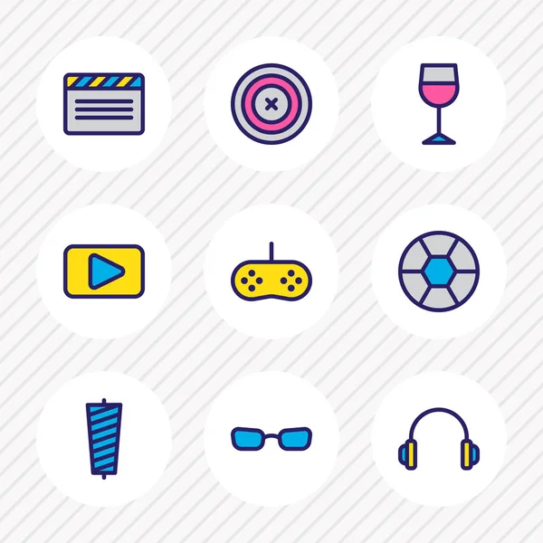 Illustration vectorielle de 9 icônes de divertissement ligne colorée. Ensemble modifiable de couture, verre à vin, vidéo et autres éléments d'icône . — Image vectorielle