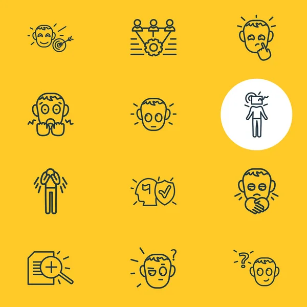 Vektor illusztrációja 12 érzelmek ikonok vonal stílusban. Gyanús, határozott, csapatmunka és egyéb ikonelemek szerkeszthető készlete. — Stock Vector