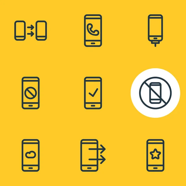 Vector illustration of 9 phone icons line style. Editable set of charging, upload, block and other icon elements. — Stock vektor