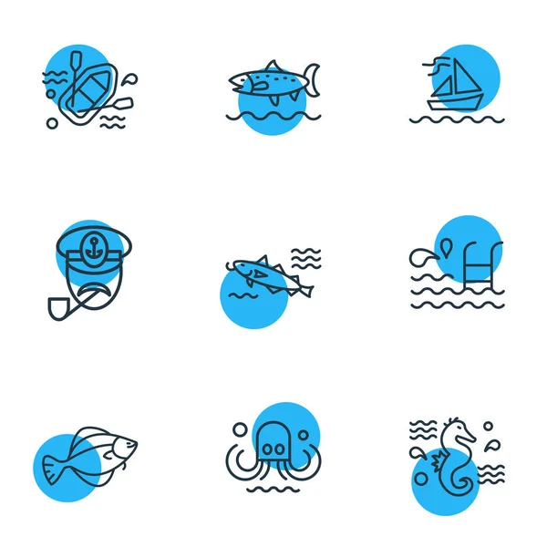 Ilustración vectorial de 9 iconos náuticos estilo línea. Conjunto editable de piscina, caballito de mar, trucha y otros elementos del icono . — Vector de stock