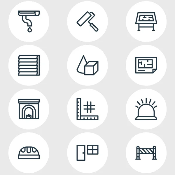 Ilustrace 12 stavebních ikon ve stylu čáry. Upravitelná sada prvků malby, plánu, okapu a dalších ikon. — Stock fotografie
