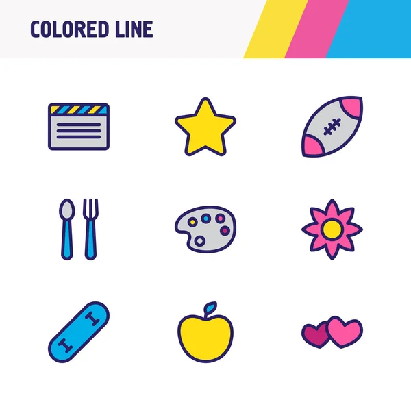 展示了9个生活方式图标的彩色线条。 可编辑的一组明星、苹果、食品和其他图标元素. — 图库照片