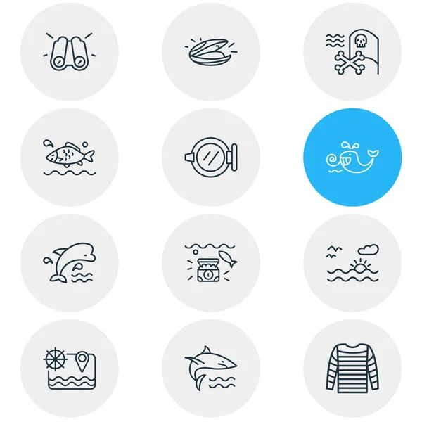 Illustratie van 12 mariene pictogrammen lijn stijl. Bewerkbare set van scheepsvensters, mosselen, zonsondergang in de zee en andere icoon elementen. — Stockfoto