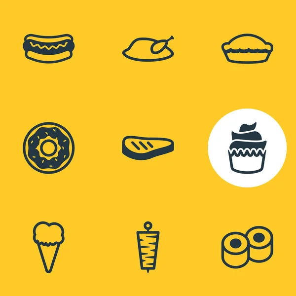 Ilustración de 9 iconos de comida estilo de línea. Conjunto editable de pastelitos, rosquillas, sushi y otros elementos del icono . —  Fotos de Stock
