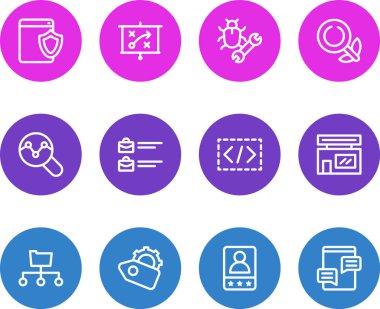 12 reklam ikonu çizgi tarzının vektör illüstrasyonu. Düzenlenebilir ağ güvenliği seti, Seo etiketi, görevler açık ve diğer simge ögeleri.