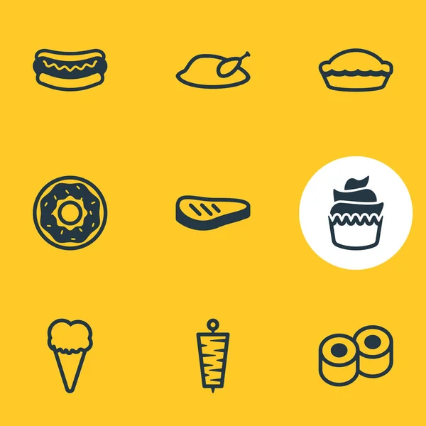 Ilustración vectorial de 9 iconos de comer estilo de línea. Conjunto editable de pastelitos, rosquillas, sushi y otros elementos del icono . — Archivo Imágenes Vectoriales