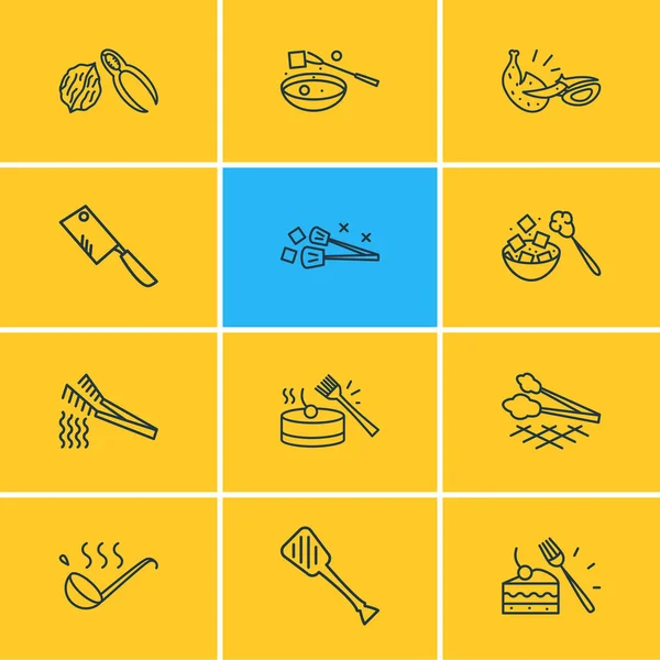 Ilustración vectorial de 12 iconos de utensilios de cocina estilo línea. Conjunto editable de cascanueces, pinzas de espagueti, cuchillo para picar y otros elementos del icono . — Archivo Imágenes Vectoriales