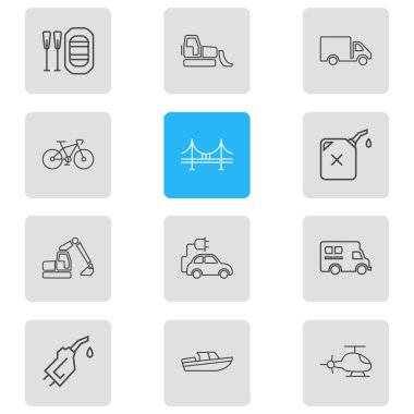 illustration of 12 carrying icons line style. Editable set of bridge, gas can, rubber boat and other icon elements.