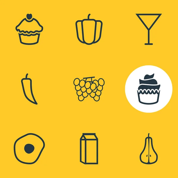 Illusztrációja 9 étkezési ikonok vonal stílusban. Szőlő, paprika, koktél és egyéb ikonelemek szerkeszthető készlete. — Stock Fotó