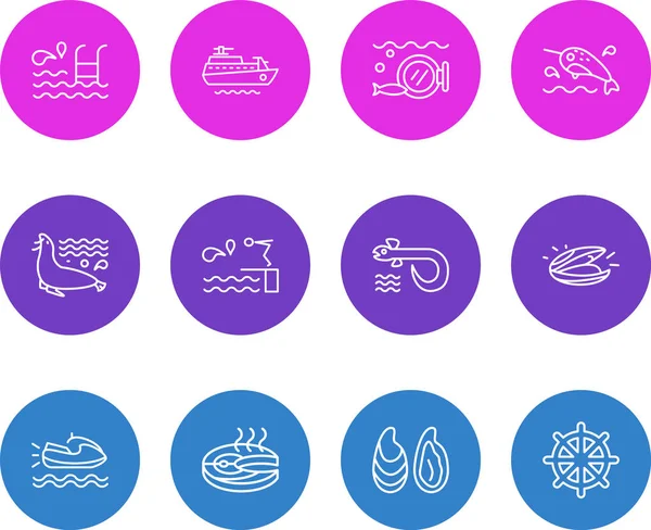Illustration of 12 maritime icons line style. Editable set of diving board, fish steak, ship rudder and other icon elements. — 스톡 사진