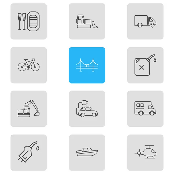 Illustration of 12 carrying icons line style. Editable set of bridge, gas can, rubber boat and other icon elements. — 스톡 사진