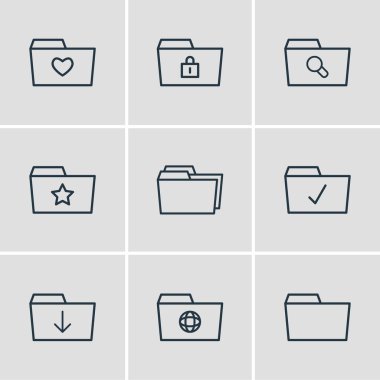 Vector illustration of 9 dossier icons line style. Editable set of starred, checked, locked and other icon elements.