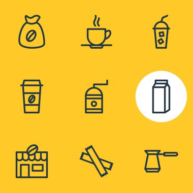 Vector illustration of 9 drink icons line style. Editable set of pocket milk, cold drink, mocha grinder and other icon elements.