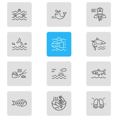 Vector illustration of 12 marine icons line style. Editable set of sailor man, sunset in the sea, shark and other icon elements.