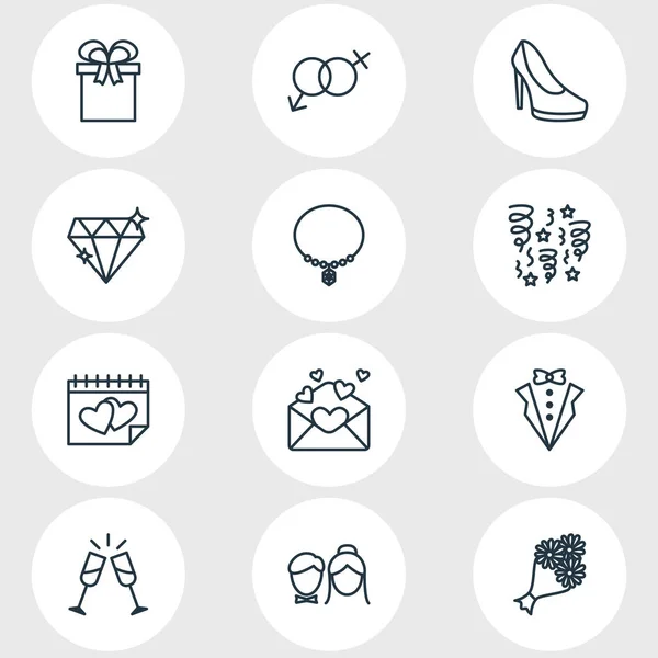 Vektorová ilustrace 12 ikon manželství ve stylu čáry. Upravitelná sada právě ženatý, svatební den, genderové znaky a další ikony prvky. — Stockový vektor