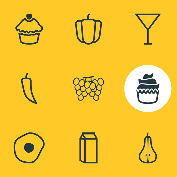 Vector illustration of 9 eating icons line style. Editable set of grape, paprika, cocktail and other icon elements. — 스톡 벡터