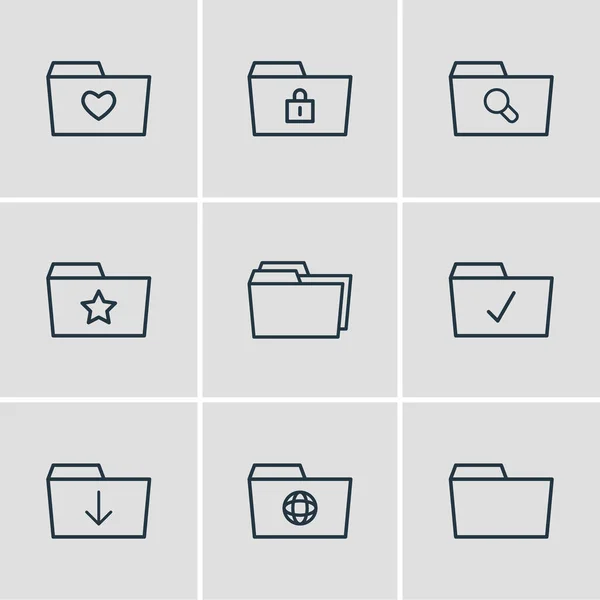 Ilustración de 9 iconos de carpeta estilo de línea. Conjunto editable de elementos de iconos estrellados, marcados, bloqueados y otros . — Foto de Stock