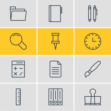 12 enstrüman simgesi çizgi biçiminin vektör illüstrasyonu. Düzenlenebilir kitaplık, dizin, hesap makinesi ve diğer simge ögeleri kümesi.