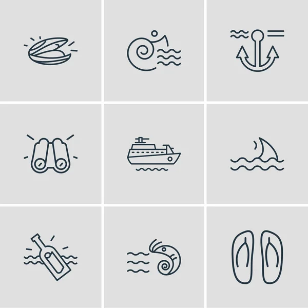 Vector illustratie van 9 nautische pictogrammen lijn stijl. Bewerkbare set van verrekijker, garnaal, fles met noot en andere pictogram elementen. — Stockvector