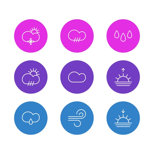 Ilustración vectorial de 9 iconos del cielo estilo de línea. Conjunto editable de nieve, amanecer, caída y otros elementos del icono . — Vector de stock