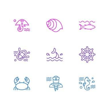 9 deniz simgesi çizgisi çizimi. Düzenlenebilir denizci, kauçuk bot, deniz atı ve diğer simge elementleri..