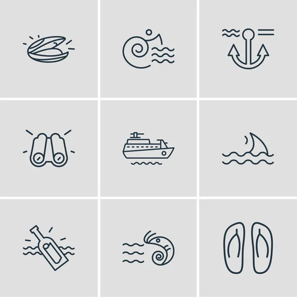 Illustration av 9 maritima ikoner linje stil. Redigerbar uppsättning av kikare, räkor, flaska med not och andra ikonelement. — Stockfoto