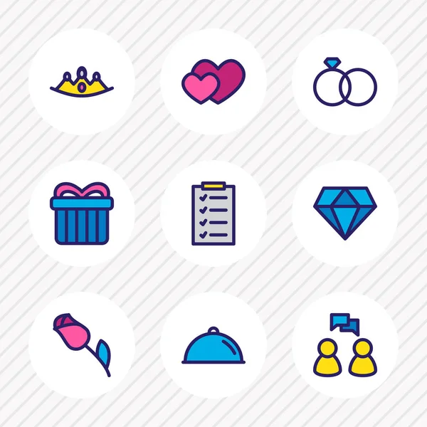 Ilustración de 9 eventos iconos línea de color. Conjunto editable de comida, rosa, regalo y otros elementos del icono . —  Fotos de Stock