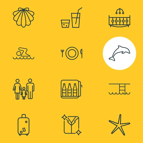 Ilustração vetorial de 12 ícones de férias estilo linha. Conjunto editável de berço, refeição, família e outros elementos de ícone . —  Vetores de Stock